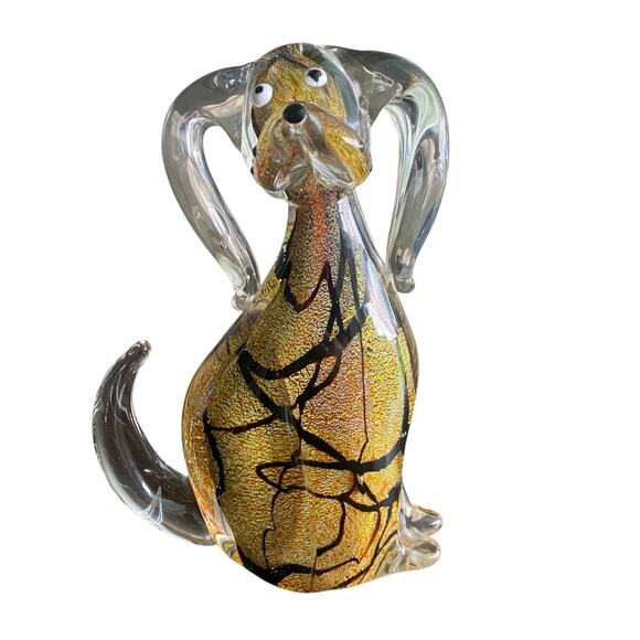 RARE 8” GCA Art Glass Murano Style Dog Puppy Sculpture Layered Gold & Black - Picture 16 of 16